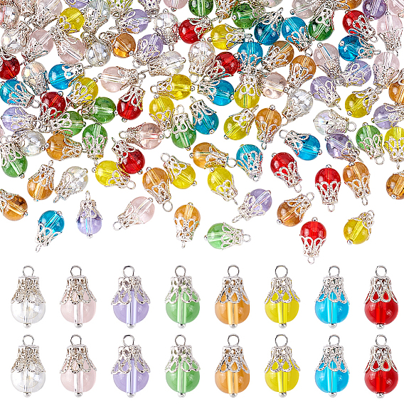 160шт. 8 цвета стеклянные подвески, круглые, с платиновым железным шариком