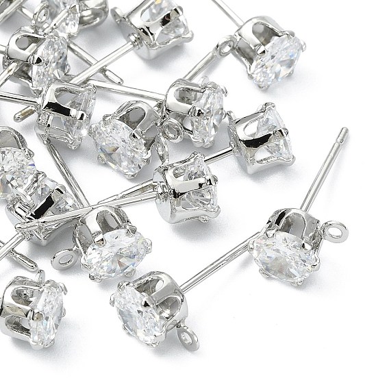 SHEGRACE Brass Clear Cubic Zirconia Flat Round Stud Earring Findings, Cadmium Free & Nickel Free & Lead Free, with Loop