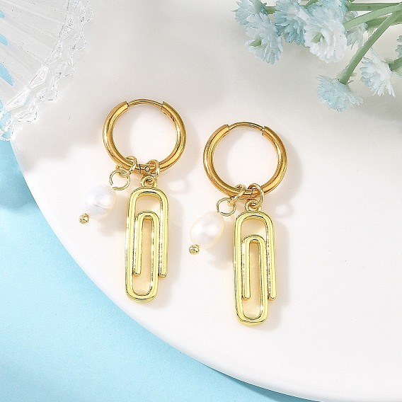 Natural Cultured Freshwater Pearl with Brass Hoop Earrings, Paperclips, 202 Stainless Steel Huggie Hoop Earrings