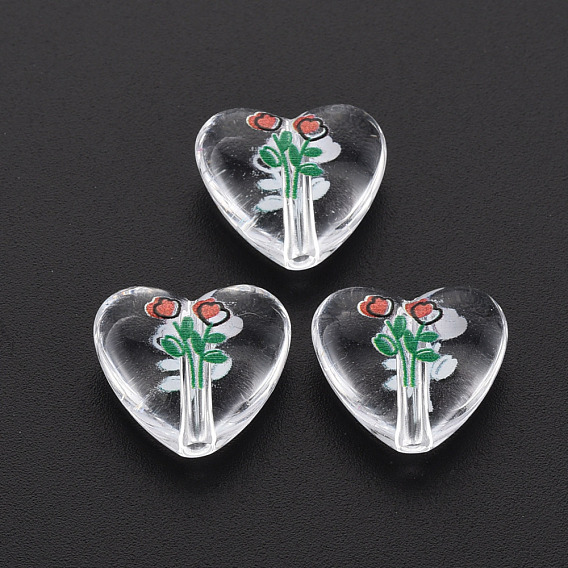 Transparent Printed Acrylic Beads, Heart with Flower