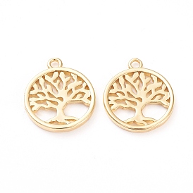 Brass Pendants, Long-Lasting Plated, Flat Round with Tree of Life