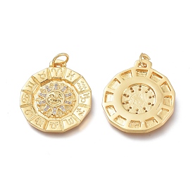 Brass Micro Pave Clear Cubic Zirconia Pendants, with Jump Rings, Long-Lasting Plated, Flat Round with Twelve Constellation/Zodiac Sign