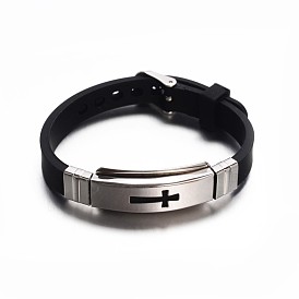 Jewelry Black Color Rubber Cord Bracelets, with 304 Stainless Steel Findings and Watch Band Clasps, Rectangle with Cross, 215x10mm