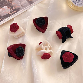 Rose Flower Plush Cat Ear Hair Clip for Women, Vintage Princess Headband with Fringe and Claw Clip