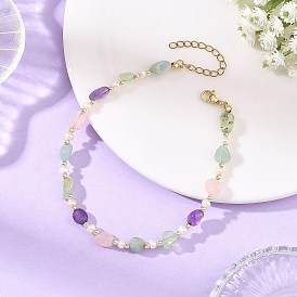 Natural Rose Quartz & Amazonite & Prehnite & Amethyst & Cultured Freshwater Pearl Nuggets Beaded Anklets for Women, Golden