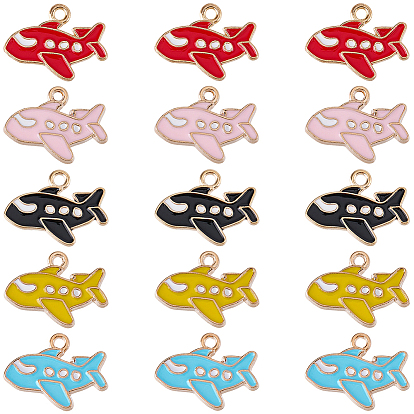 40Pcs 5 Colors Alloy Enamel Pendants, Airplane, Light Gold