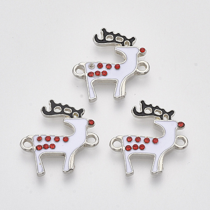 Alloy Links Connectors, with Enamel and Light Siam Rhinestone, Christmas Reindeer/Stag, Antique Silver