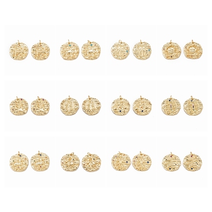 480 pcs 12 style réel 18 k pendentifs en laiton micro pavé de zircone cubique plaqué or, plaqué longue durée, avec des anneaux de saut, plat rond avec douze constellations