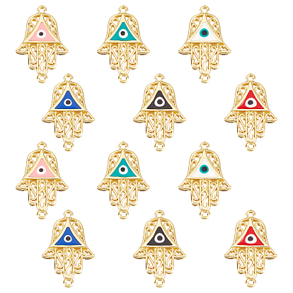 12Pcs 6 Colors Brass Enamel Links Connectors, Hamsa Hand/Hand of Fatima/Hand of Miriam with Evil Eye
