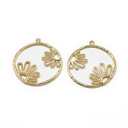 Brass Pendants, Flat Round with Flower, Real 18K Gold Plated