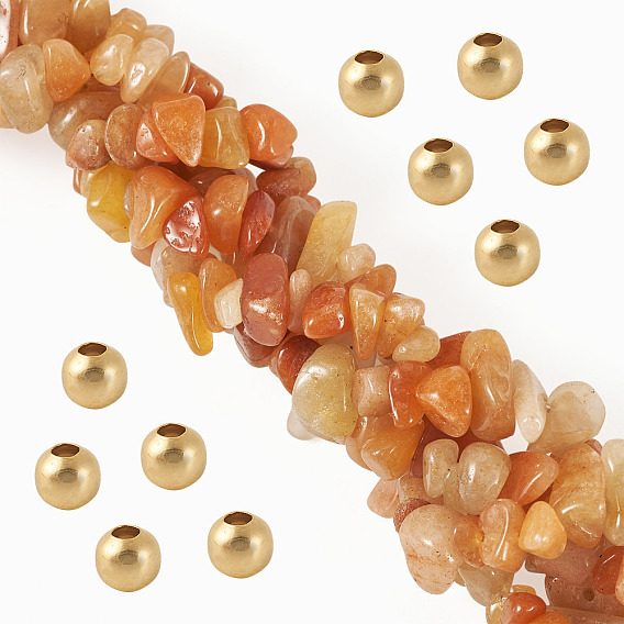 1 Strand Natural Aventurine Chip Beads Strands, with 50Pcs Golden Tone Brass Spacer Round Beads
