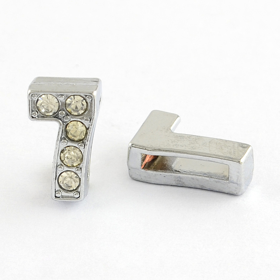 Zinc Alloy Rhinestone Number Slide Charms, Platinum, Num.0-Num.9, 11.5~12x4.5~9x5mm, Hole: 8x2mm