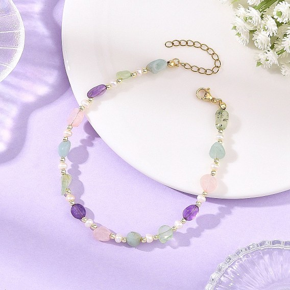 Natural Rose Quartz & Amazonite & Prehnite & Amethyst & Cultured Freshwater Pearl Nuggets Beaded Anklets for Women, Golden