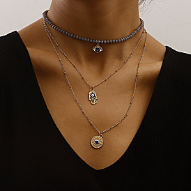 Stylish Multi-layered Grey Water Diamond Blue Evil Eye Pendant Necklace for Women