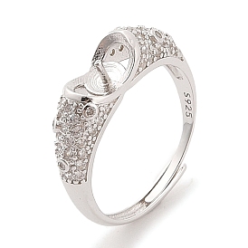 925 Sterling Silver Micro Pave Cubic Zirconia Adjustable Ring Settings, for Half Drilled Beads