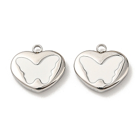 304 Stainless Steel Enamel Pendants, Heart with Butterfly Charms, Stainless Steel Color