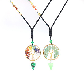 Ожерелье с подвеской в виде крошки из натуральных смешанных драгоценных камней «Древо жизни», колье из латунной проволоки с полиэфирными веревками