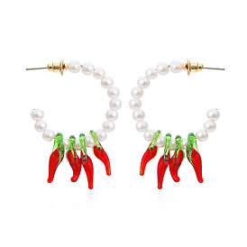 Minimalist Geometric C-shaped Pearl Earrings for Women, Retro Fashion Chili Pepper Ear Drops Jewelry