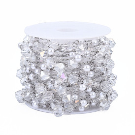 Glass Faceted Round & ABS Plastic Pearl Beaded Chains, with Stainless Steel Color Plated 316 Stainless Steel Paperclip Chains, Soldered, with Spool
