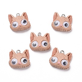 Opaque Resin Pendants, with Platinum Tone Iron Loops & Wiggle Googly Eyes, Fox