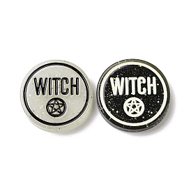 Halloween  Resin Cabochons, with Glitter Powder, Flat Round with Word Witch