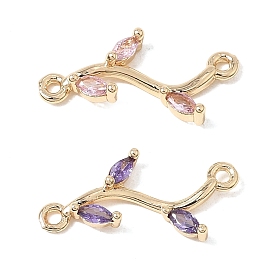 Dijes de conector de zirconia cúbica micro pavé de latón, enlaces de ramas de hojas, real 18 k chapado en oro