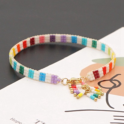Bohemian Rainbow Striped Miyuki Beaded Tassel Bracelet for Women