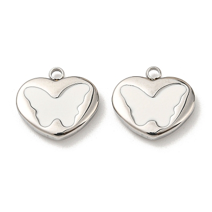 304 Stainless Steel Enamel Pendants, Heart with Butterfly Charms, Stainless Steel Color