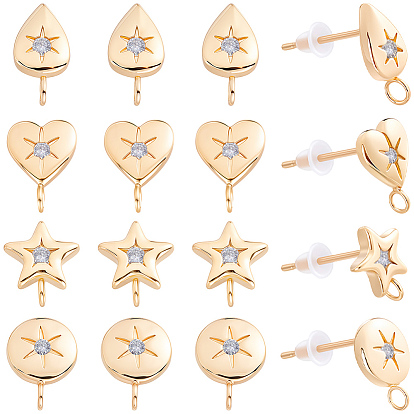 16 Pièces de boucles d'oreilles en laiton micro pavées de zircone cubique transparente, plaqué longue durée, sans nickel, réel 18 k plaqué or, avec 16 écrous d'oreille en plastique