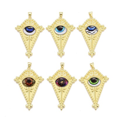 Glass Pendants, with Brass Findings, Cadmium Free & Nickel Free & Lead Free, Long-Lasting Plated, Real 18K Gold Plated, Rhombus with Eye