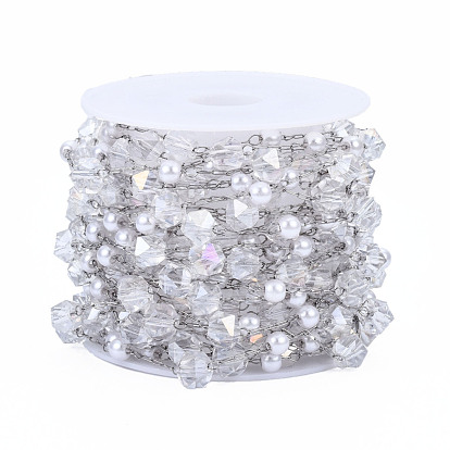 Glass Faceted Round & ABS Plastic Pearl Beaded Chains, with Stainless Steel Color Plated 316 Stainless Steel Paperclip Chains, Soldered, with Spool