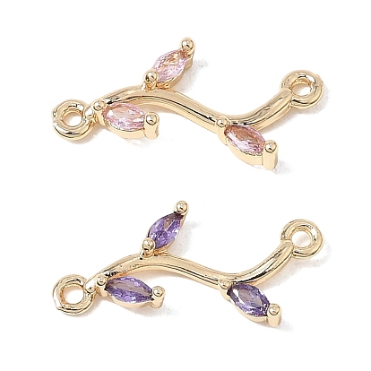 Dijes de conector de zirconia cúbica micro pavé de latón, enlaces de ramas de hojas, real 18 k chapado en oro