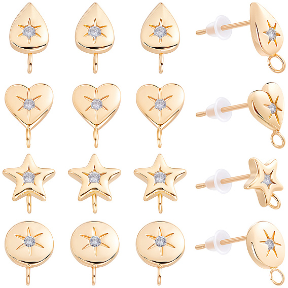 16Pcs Brass Micro Pave Clear Cubic Zirconia Stud Earring Findings, Long-Lasting Plated, Nickel Free, Real 18K Gold Plated, with 16Pcs Plastic Ear Nuts