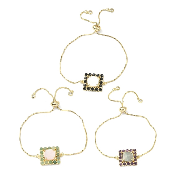 Natural Gemstone with Shell Slider Necklaces, Real 18K Gold Plated Brass Chain for Women, Rectangle