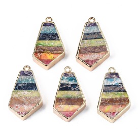 Rainbow Color Natural Imperial Jasper Pendants, with Golden Iron Loop and Edge, Dyed, Quadrangle