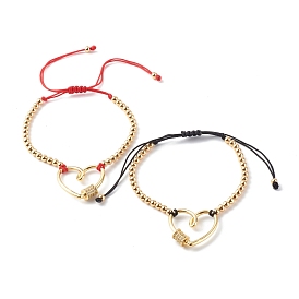 Adjustable Nylon Thread Braided Bead Bracelets Sets, with Brass Micro Pave Clear Cubic Zirconia Screw Carabiner Lock and Beads, Heart