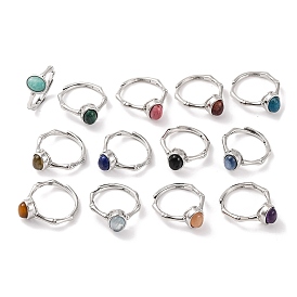 Oval Natural Mixed Stone Adjustable Rings, Brass Ring for Women, Long-Lasting Plated, Lead Free & Cadmium Free, Platinum