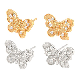 925 Sterling Silver Micro Pave Clear Cubic Zirconia Stud Earring Findings, Butterfly