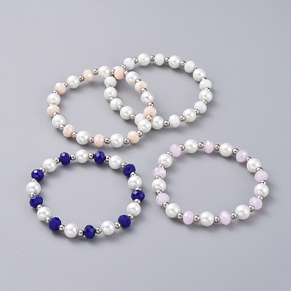 Stretch Bracelets, with Faceted Rondelle Glass Beads, Glass Pearl Round Beads and Platinum Plated Iron Spacer Beads