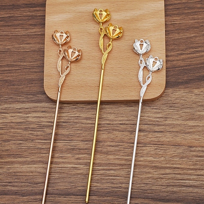 Iron Hair Stick Findings, with Alloy Cabochons Setting, Flower