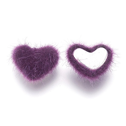 Faux Mink Fur Covered Cabochons, with Alloy Bottom, Heart