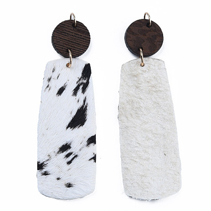 Eco-Friendly Cowhide Leather Big Pendants, with Dyed Wood and 304 Stainless Steel Jump Rings, Rectangle with Print