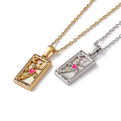 Natural Shell The Lovers Rectangle Tarot Card Pendant Necklace with Clear Cubic Zirconia, 304 Stainless Steel Jewelry for Women