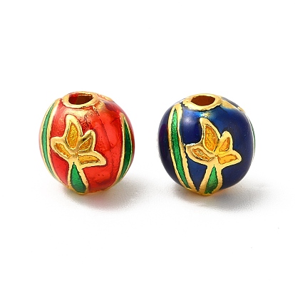 Alloy Enamel Beads, Rack Plating, Round with Flower Pattern, Matte Gold Color