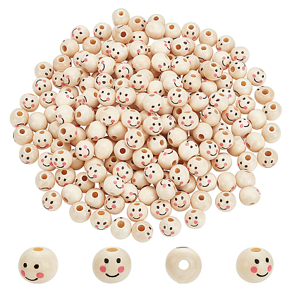 250шт. деревянные бусины с принтом, круглый с рисунком улыбающегося лица, неокрашенными