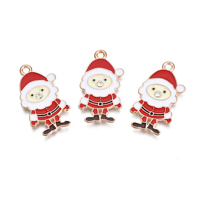 Christmas Style Alloy Enamel Pendants, with Crystal Rhinestone, Cadmium Free & Lead Free, Light Gold, Santa Claus