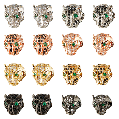 16Pcs 8 Style Brass Micro Pave Cubic Zirconia Beads, Leopard, Green