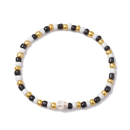 Halloween Skull Synthetic Magnesite & Glass Seed Beaded Stretch Bracelets Women