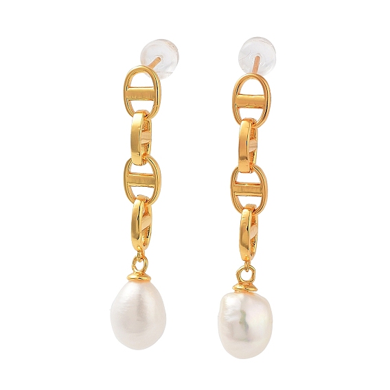Natural Pearl Stud Earrings for Women, Sterling Silver Oval Link Dangle Earrings