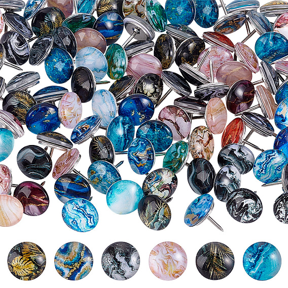 100Pcs Iron Drawing Pins, with Glss Cabochons, Flat Round, Platinum